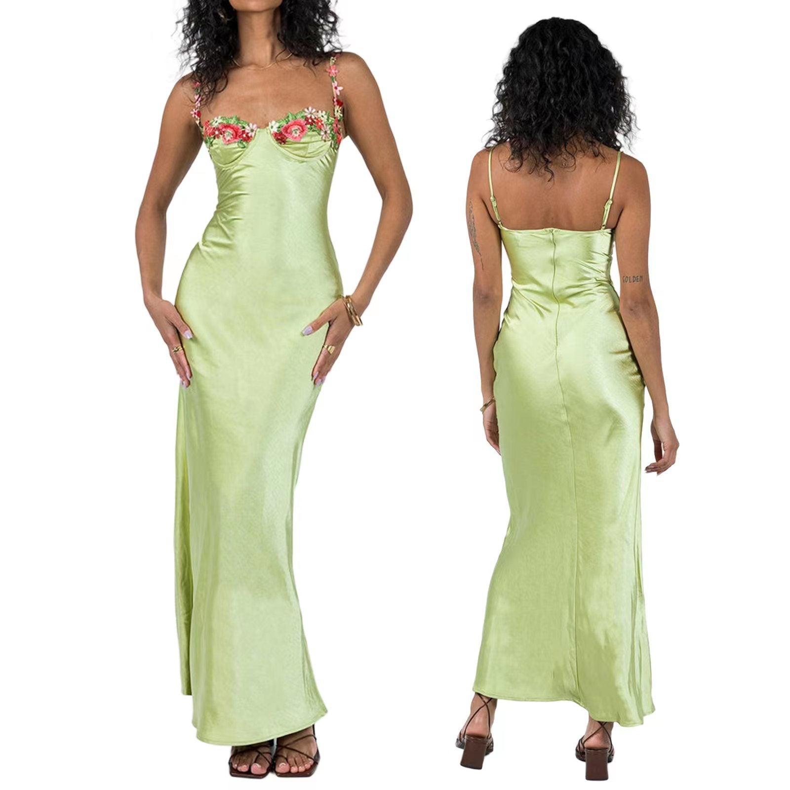 Spring And Summer Fashion Sexy Embroidered Lace Straps Solid Color Long Dress 9