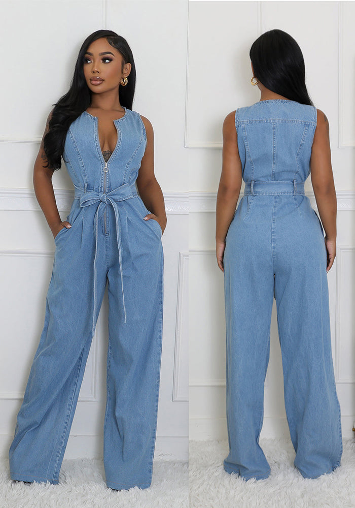 Tight Slim Elastic Waist Straight Loose Denim Jumpsuit