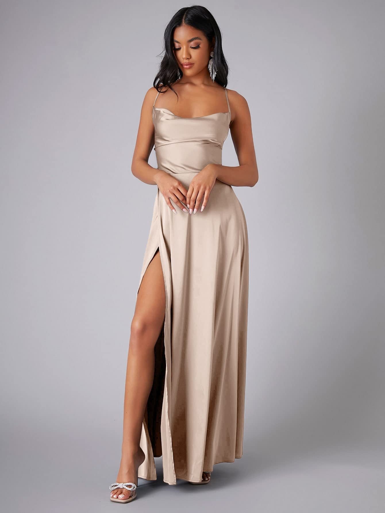 Women Sexy Backless Suspender Slit Maxi Dress