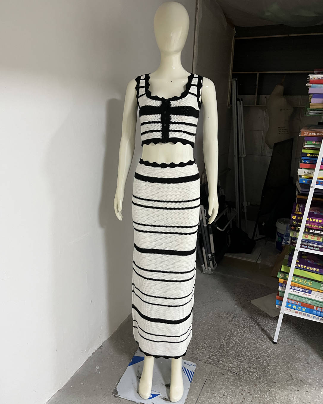 Women Striped Casual Tank Top Beach Bohemian Contrast Skirt Knitting Two-Piece Set 7