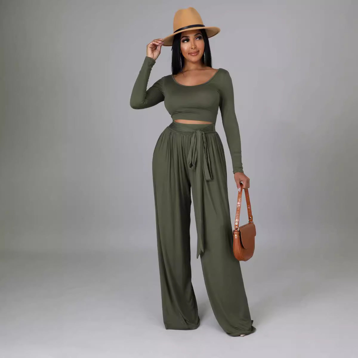 Fashion Solid Color Casual Round Neck Long-Sleeved Top Wide-Leg Trousers Two Piece Set 7