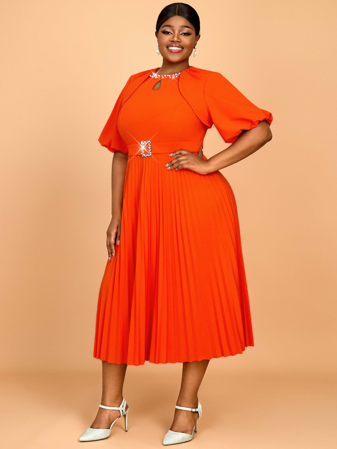 Bright Orange Puff-Sleeve Dress Fashionable Solid Color Party & Career Pleated Dress 7