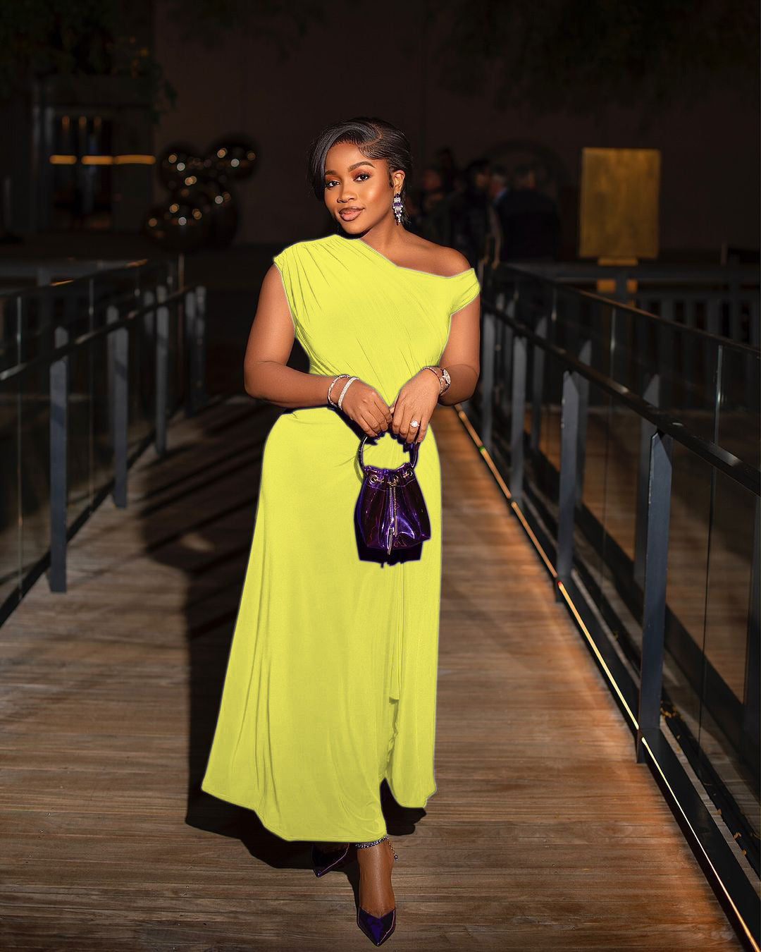 Summer African Women's Solid Color Slash Shoulder Slim Waist Evening Dress 10