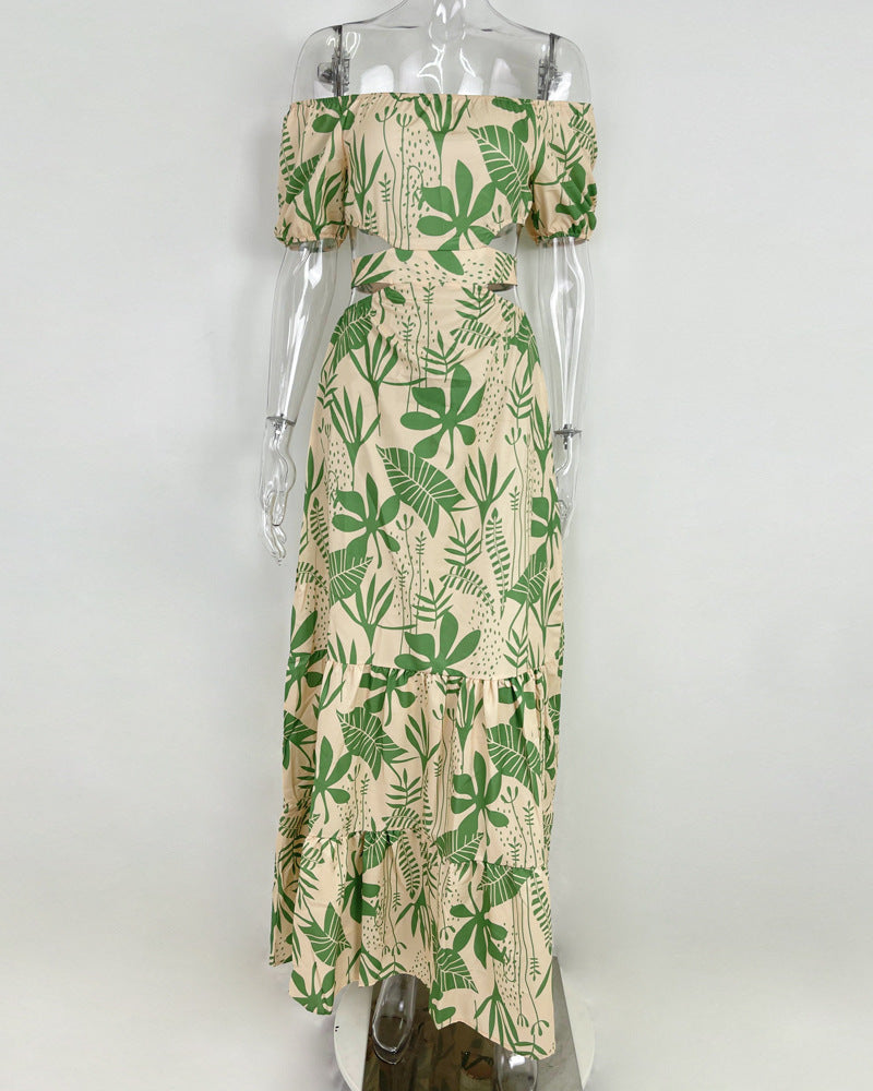 Women Sexy Print Off Shoulder Hollow Lace-up Dress 11