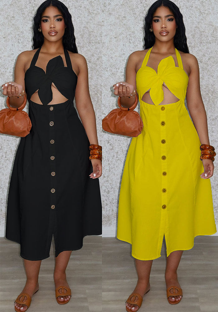 Women Elegant Career Solid Knot Halter Neck Lace-Up Dress