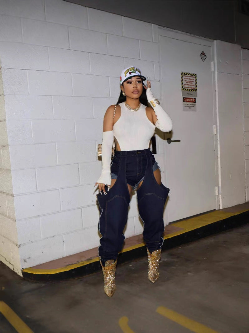 Fashion Irregular Hollow Patchwork Zipper Elastic Denim Jeans 4