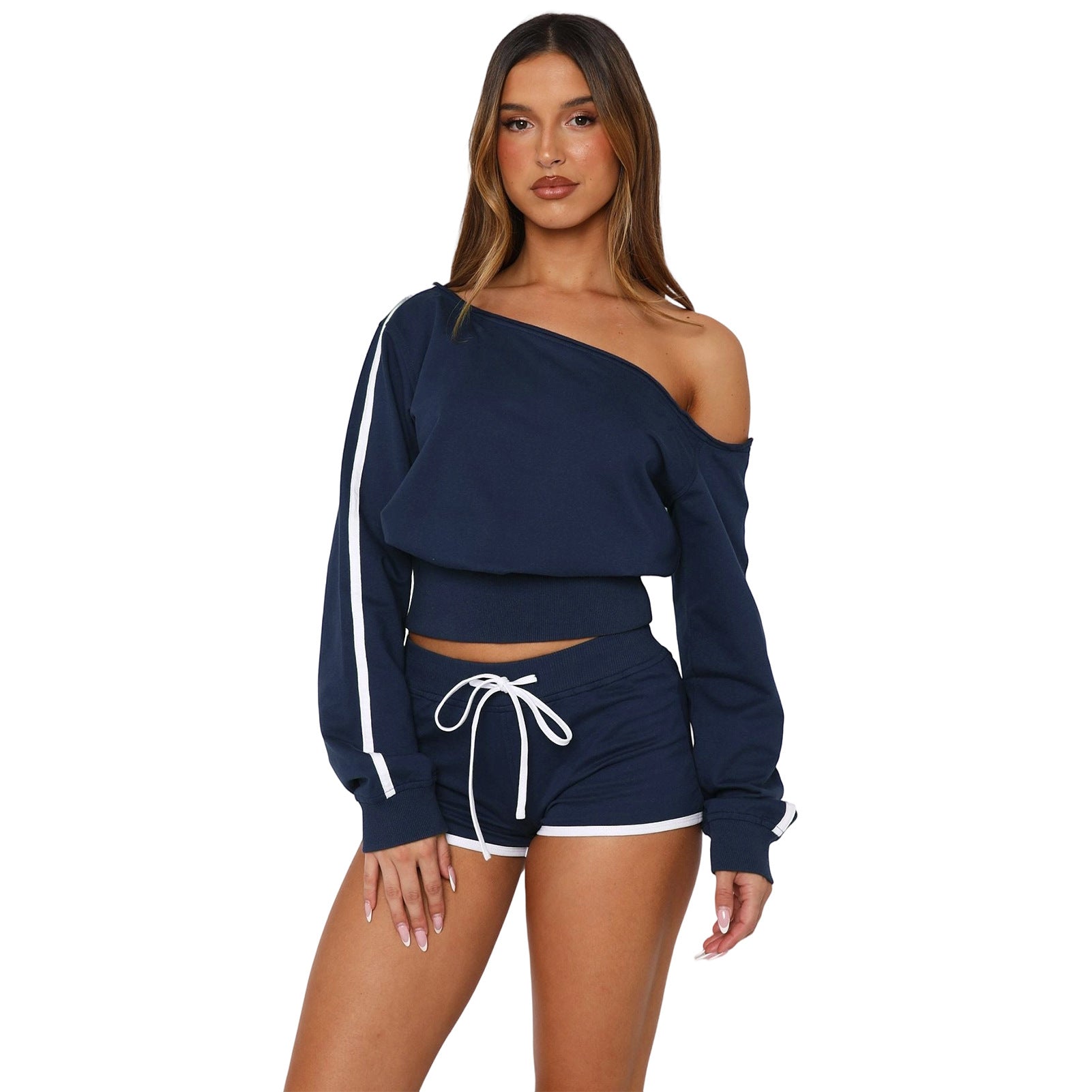 Women's Casual Slash Shoulder Long Sleeve Top Drawstring Shorts Two-Piece Set 29