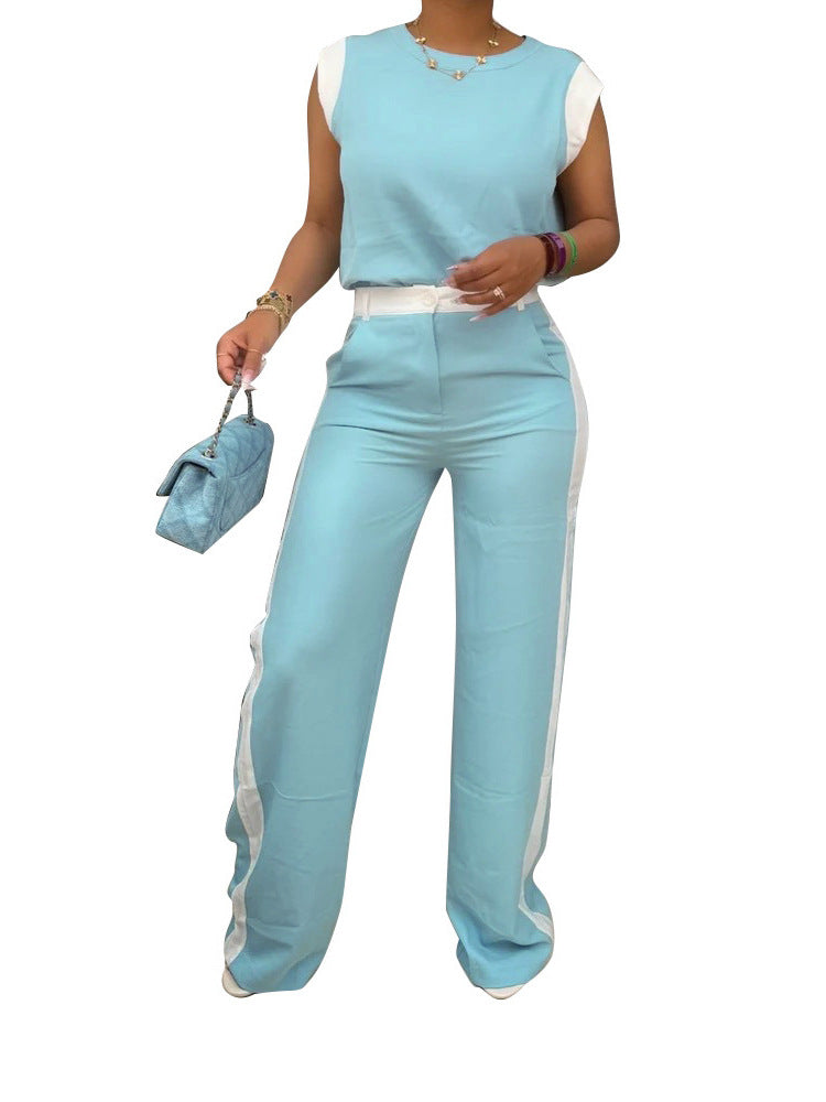 Women Casual Summer Contrast Short Sleeve Top and Wide Leg Trousers Two-Piece Set 6