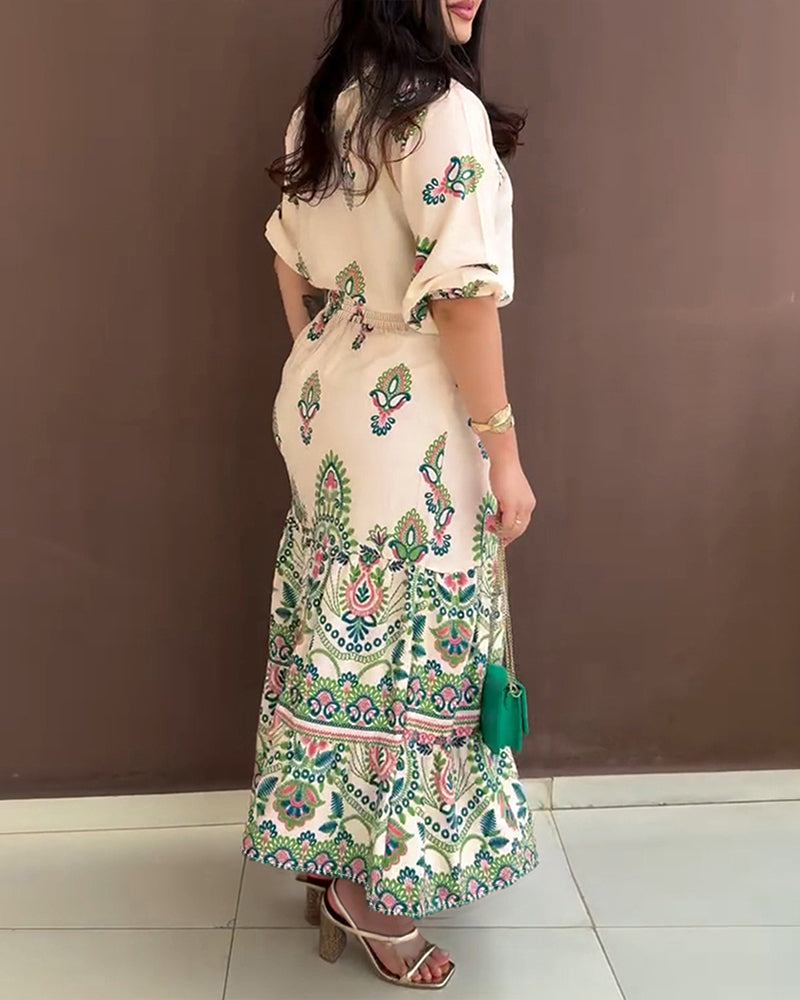 Women's Print Short Sleeve Top Maxi Ruffle Skirt Set 3