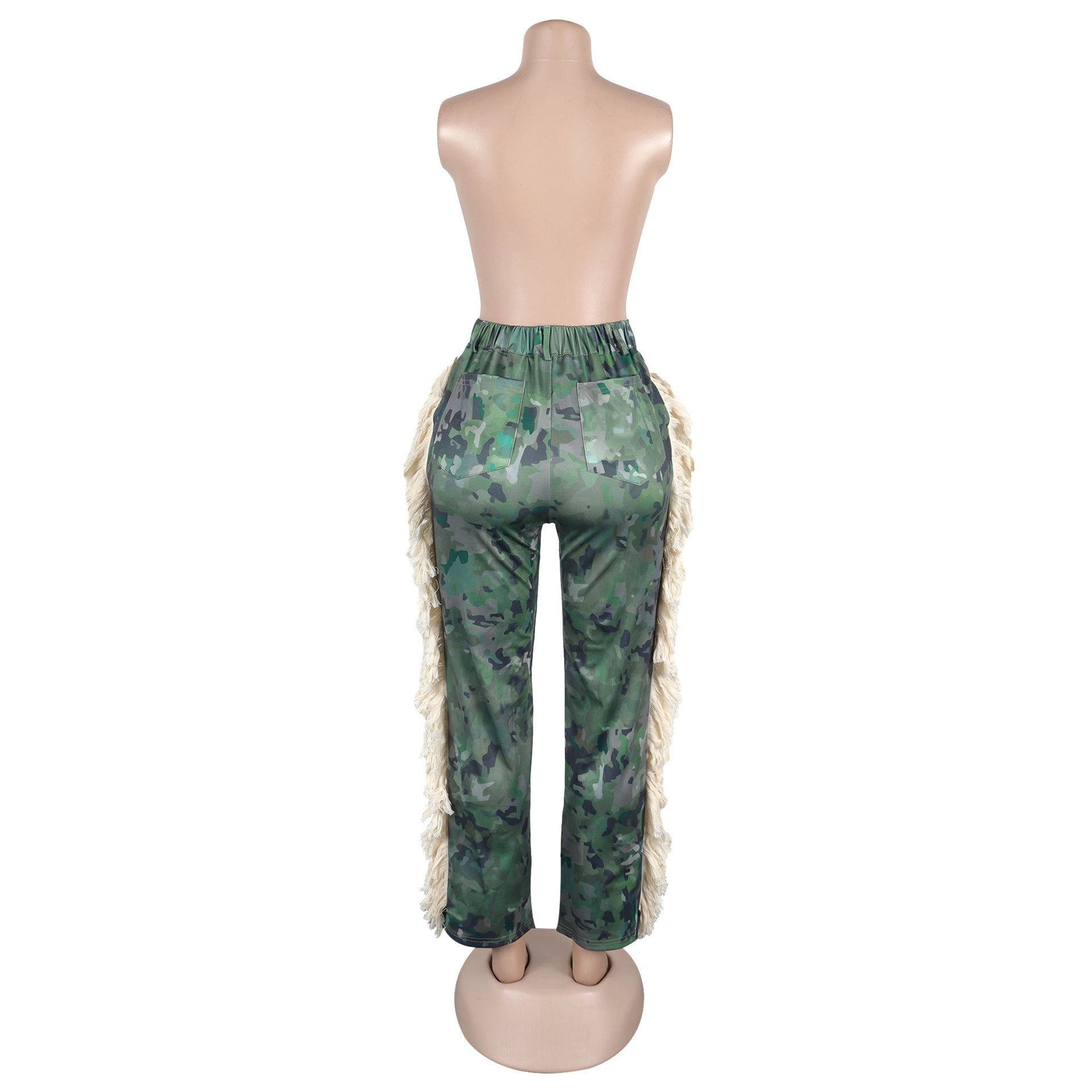 Women Sexy Printed Tassel High Waist Elastic Pocket Pants 12