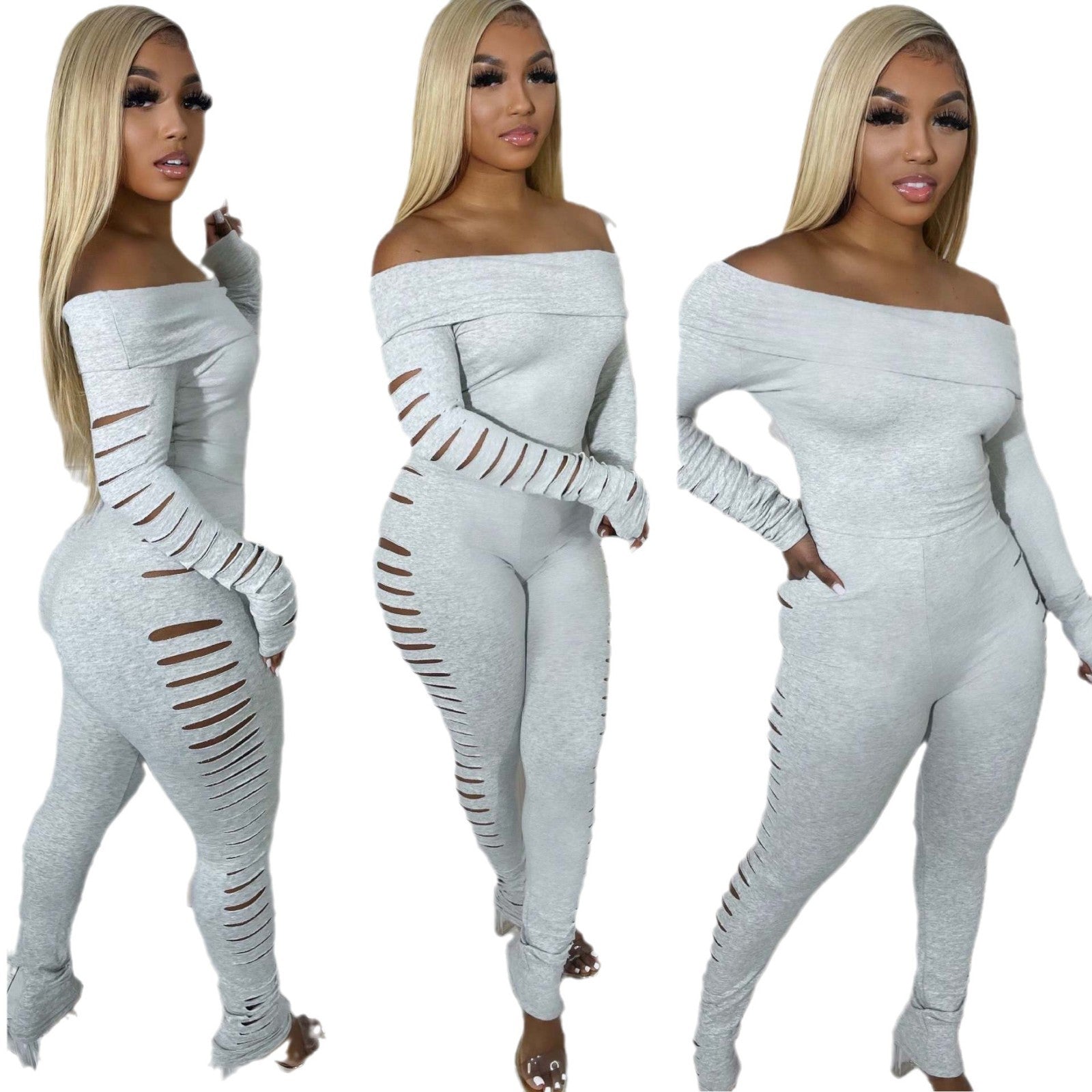 Women Off Shoulder long sleeve sexy Ripped Jumpsuit