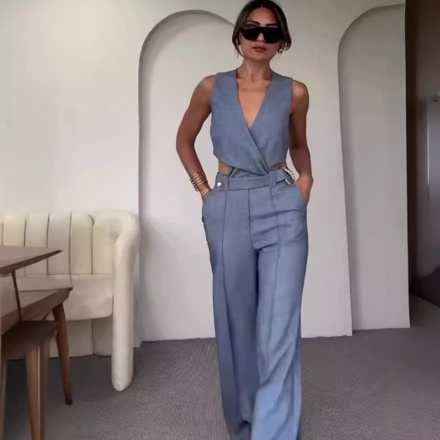 Summer Cross Slim Sleeveless Vest High Waist Wide Leg Pants Two Piece Set 3