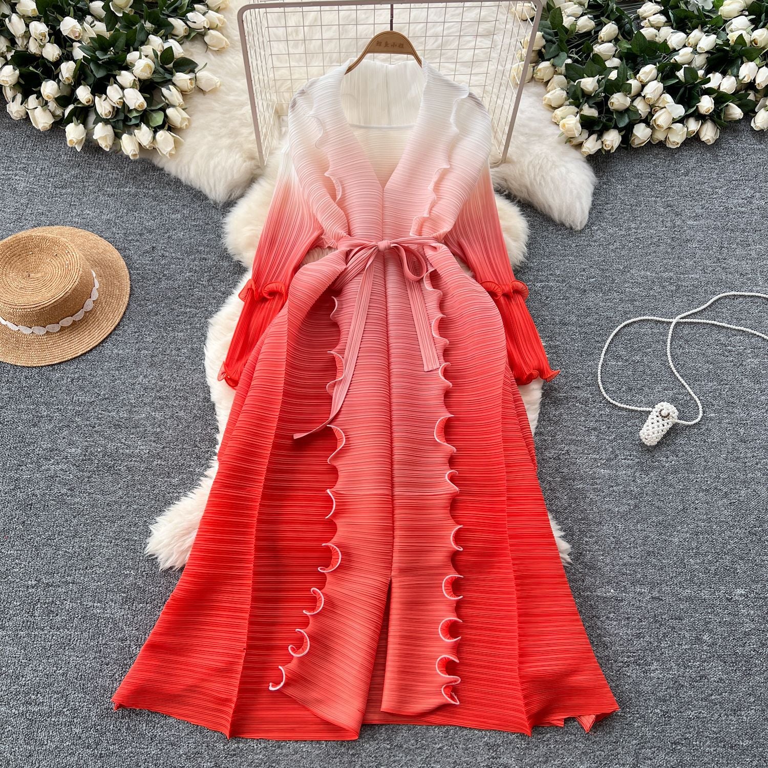 Women Lace-Up Ruffle Edge Pleated Dress 5