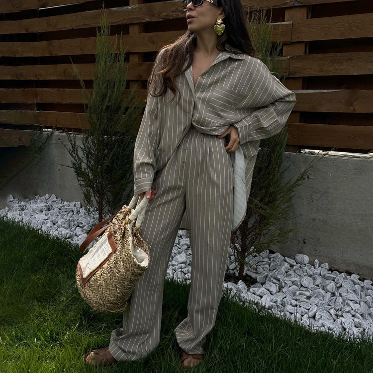 Women's Spring And Autumn Fashion Striped Loose Long Sleeve Shirt Wide Leg Pants Two Piece Set