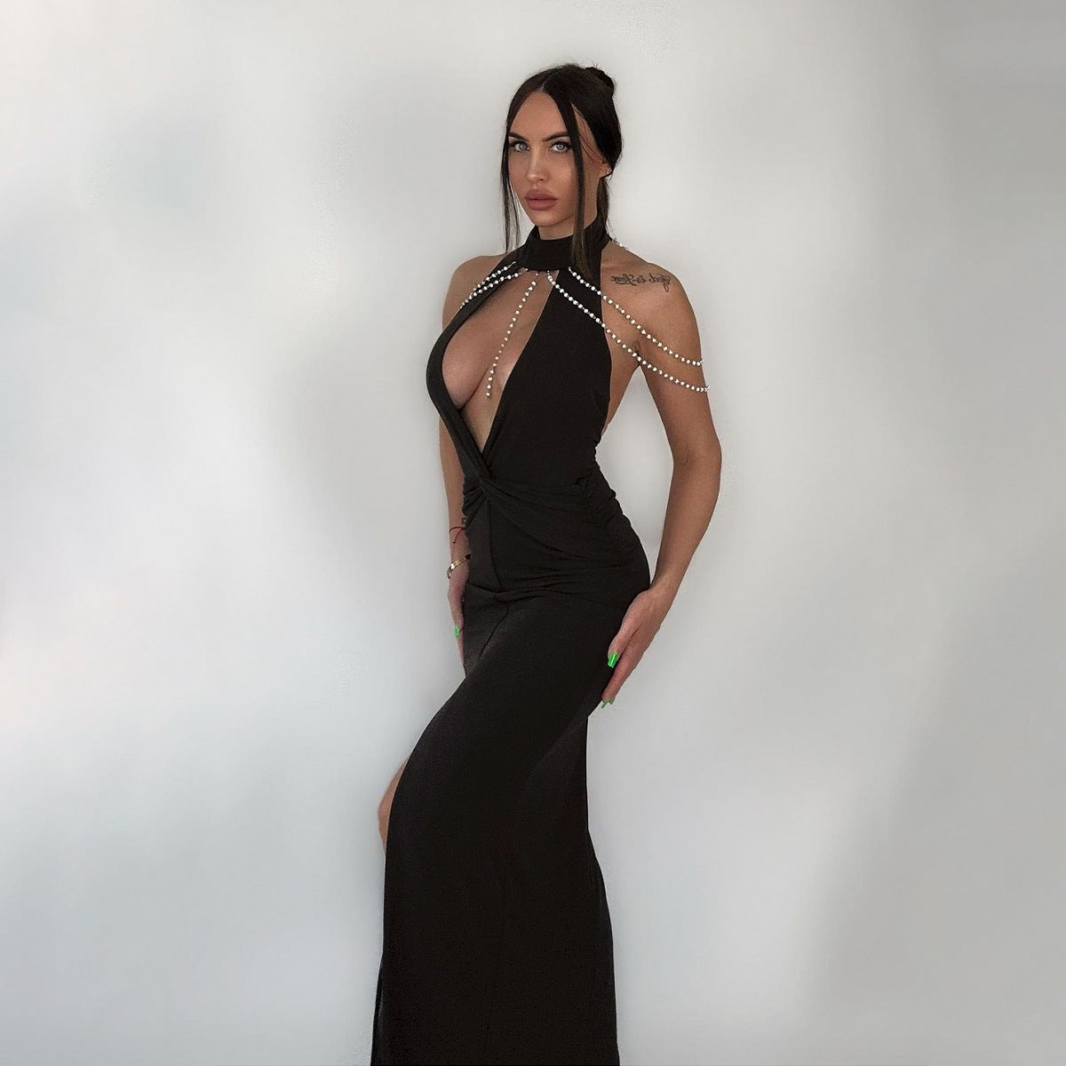 Women's Spring Fashion Sexy Hollow Low Back Slit Long Dress 4