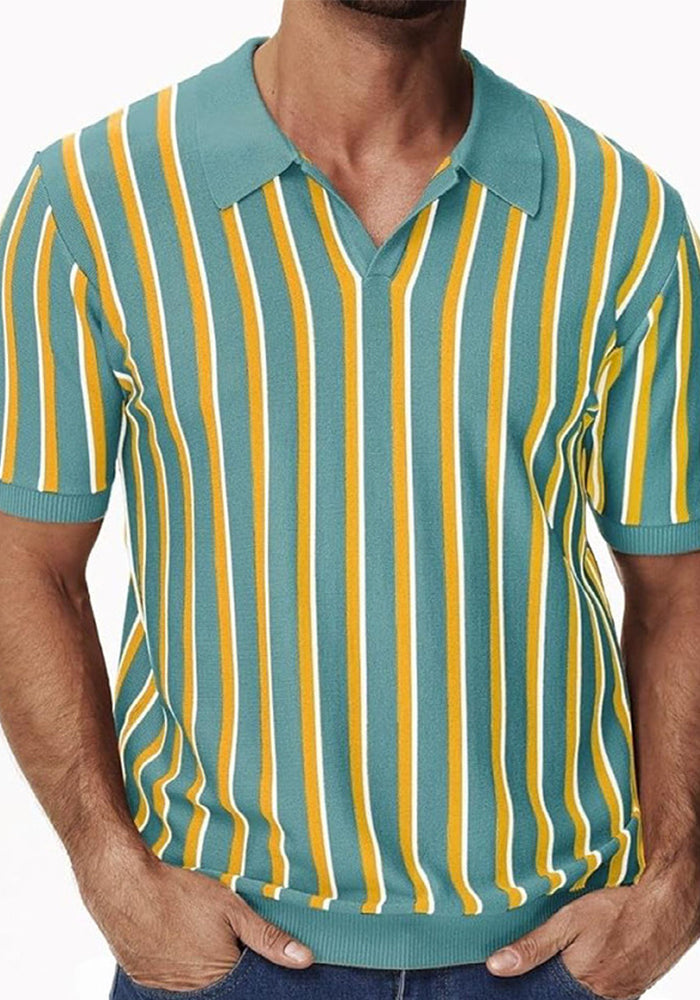 Men's Summer Turndown Collar Chic Striped Knitting polo Shirt Short Sleeve Tops