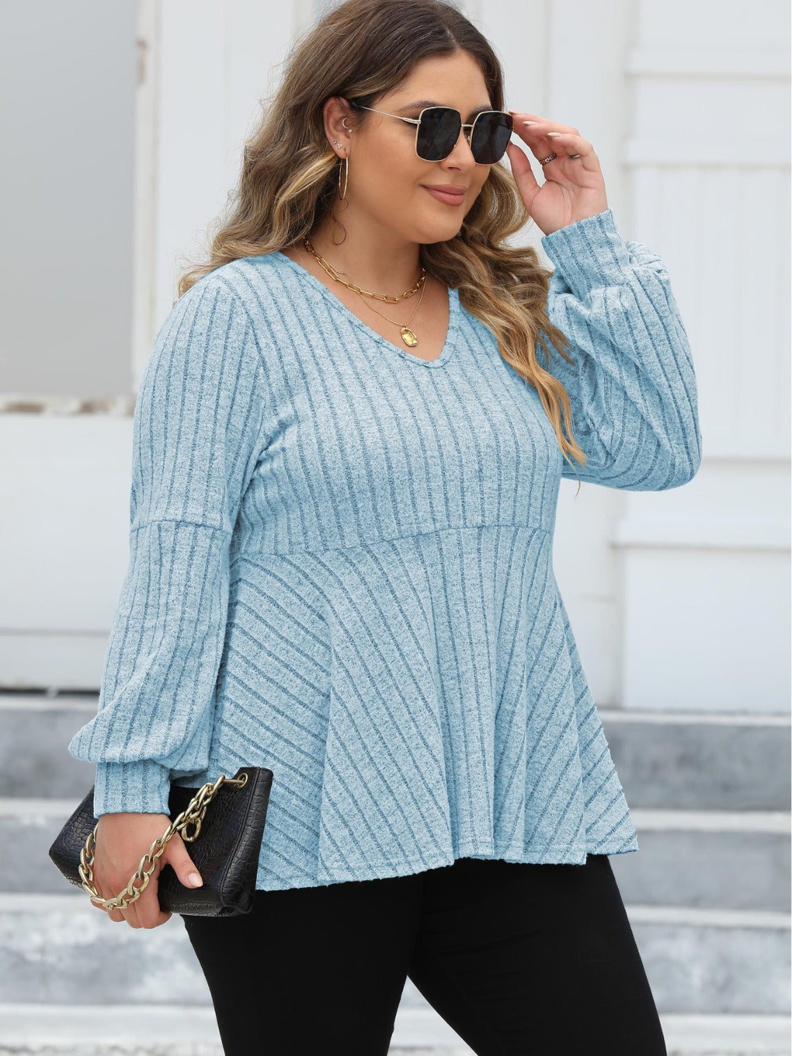 Women's Plus Size Tops Spring And Autumn V-Neck Ribbed Lantern Sleeve T-Shirt Basic Shirt
