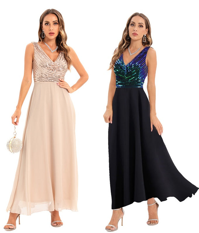 Women clothes Sexy Sequin Striped V-Neck Embroidered Formal Party Long Dress