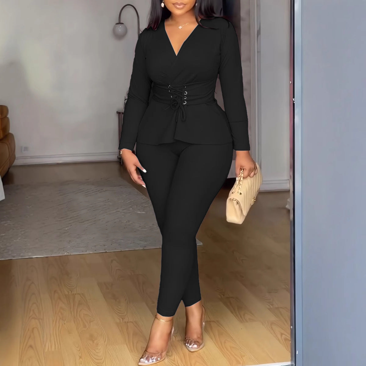 Solid Color V-Neck Slim Waist Long-Sleeved Pants Set 6