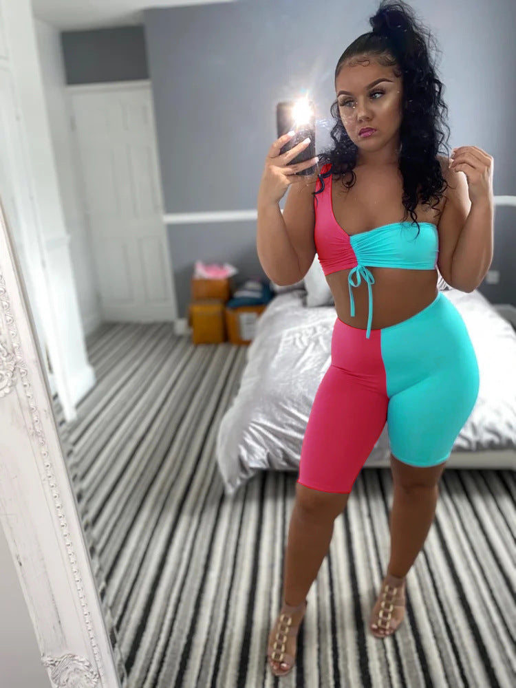 Contrast Color One Shoulder Two Piece Shorts Set 7