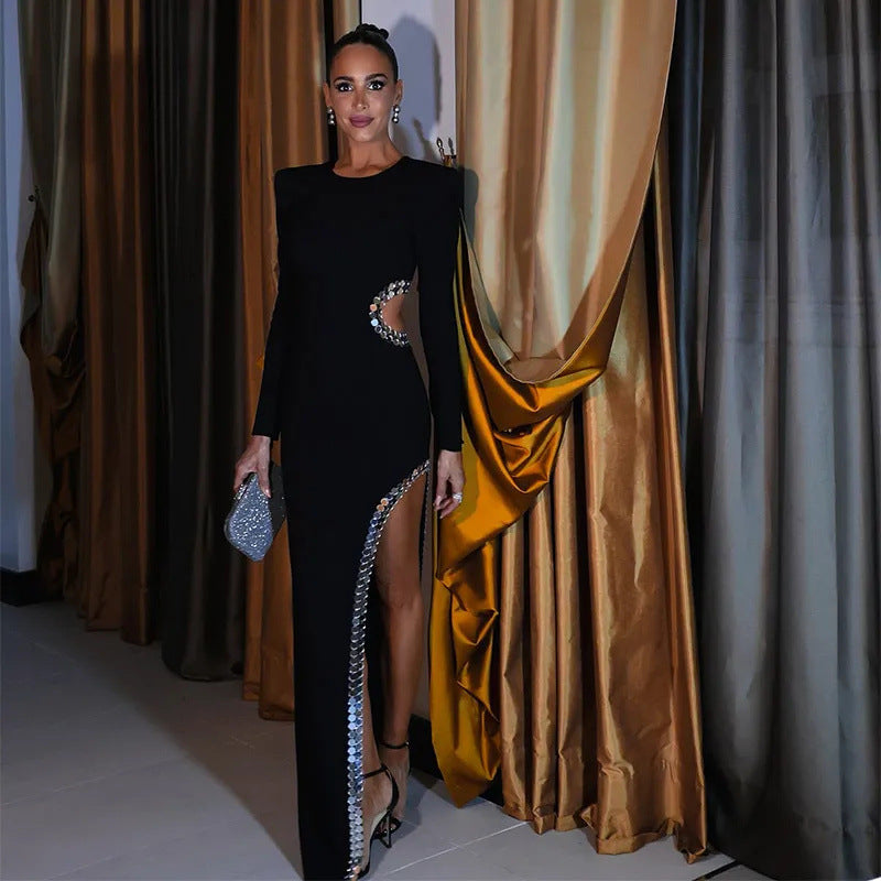 Women's Fashionable Round Neck Padded Shoulder High Slit Open Waist Black Long Dress 5