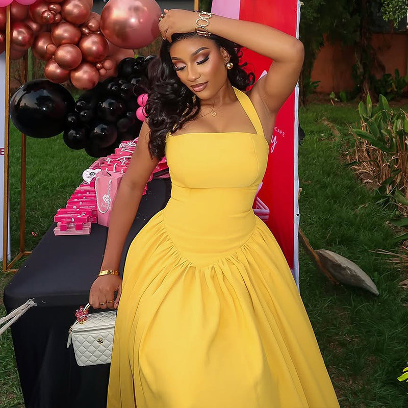 Women Career Pleated Halter Neck Sleeveless Solid Maxi Dress