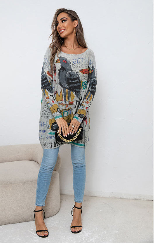 Plus Size Cartoon Print Sweater Long Sleeve Women Casual Pullover Loose Knitting Shirt Top 9