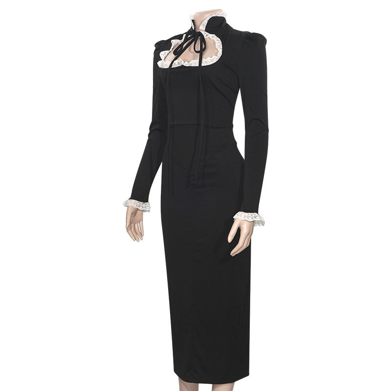 Spring Solid Color High Neck Lace Patchwork Long Sleeve Slim Dress 8