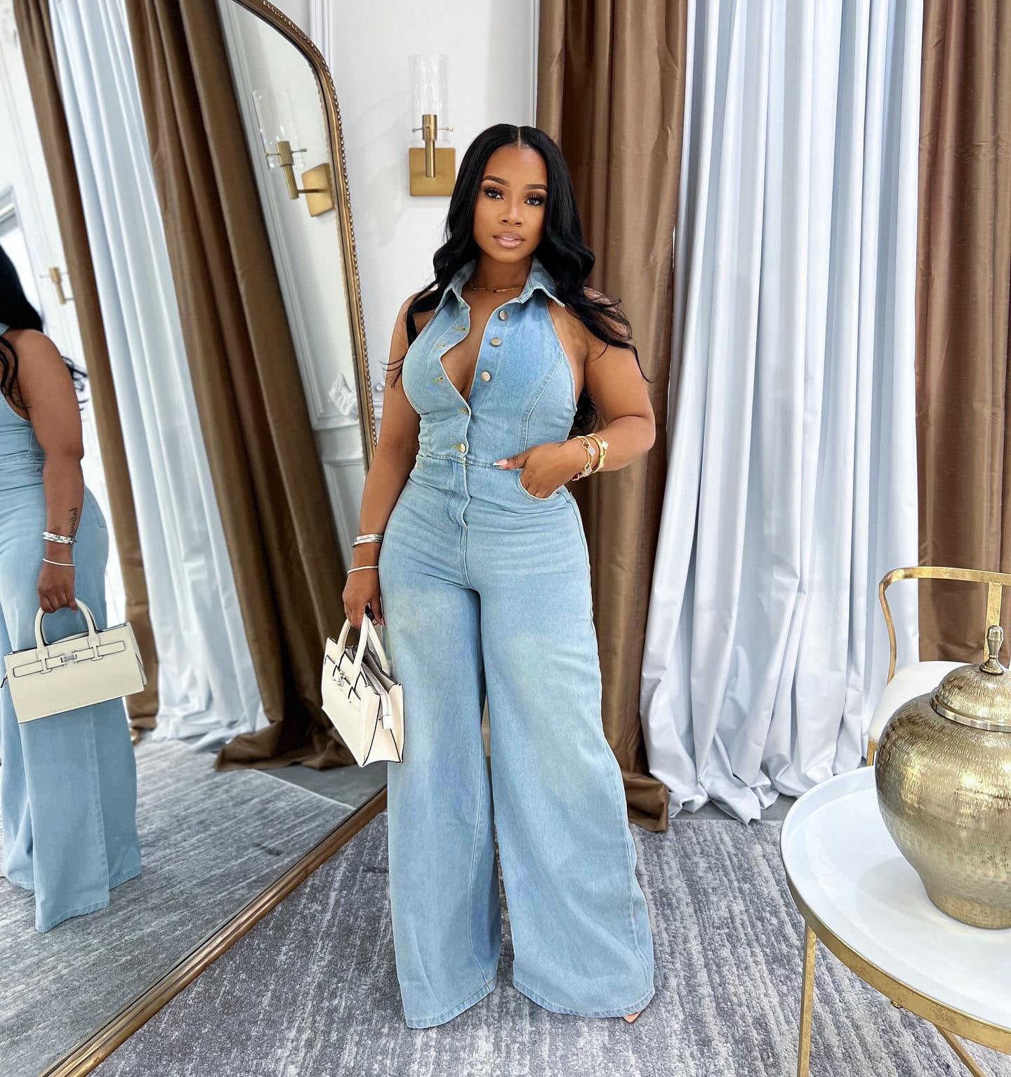 Women's Sexy Open Back Halter Neck Long Denim Jumpsuit 3