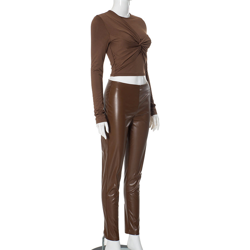 Women long sleeve stretchy pu Leather Top And PantTwo Piece Set 7