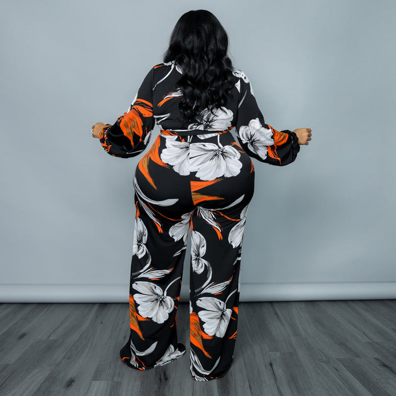 Plus Size Women Spring Bubble Sleeve Print Jumpsuit 4