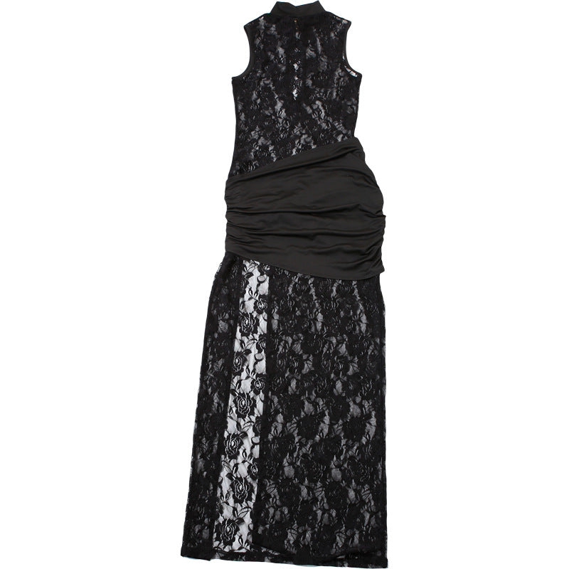 Women spring sexy hollow lace Patchwork Pleated slit Bodycon Dress 22