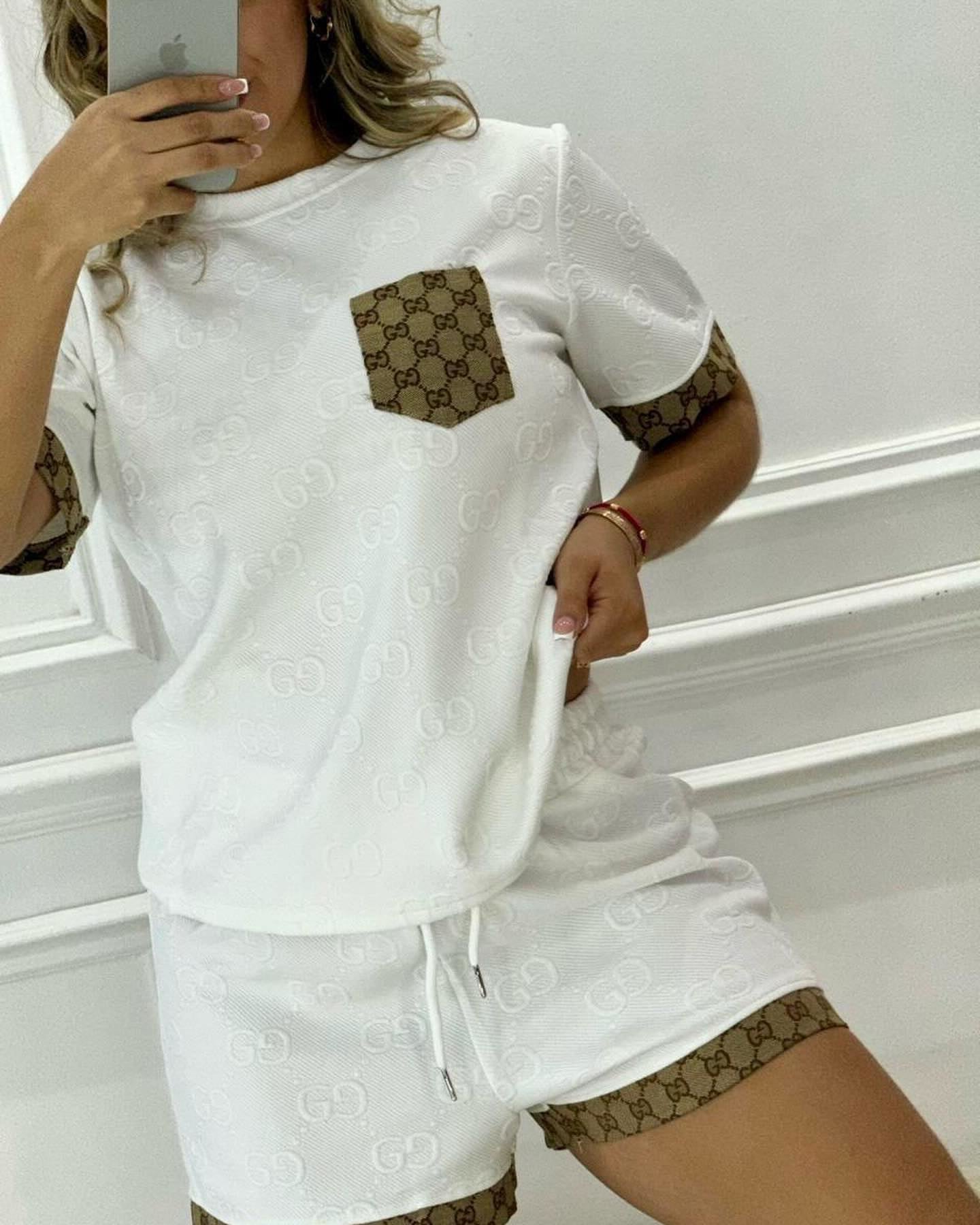 Women Casual jacquard short sleeve Top and shorts two-piece set 3