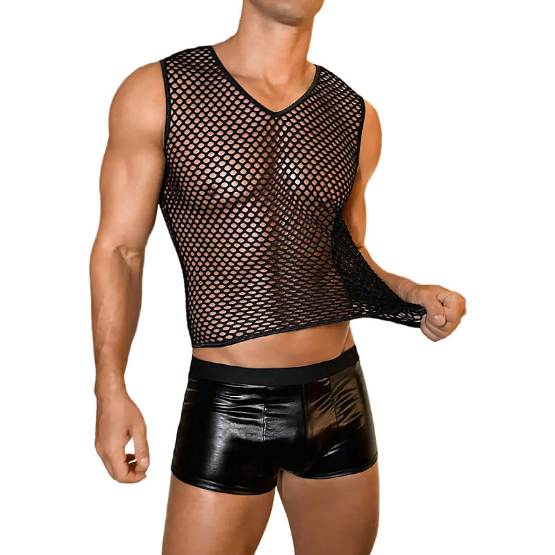 Men's Sensual Lingerie Mesh See-Through Vest Black Tight-Fitting Leather Shorts Nightclub Sexy Set 6