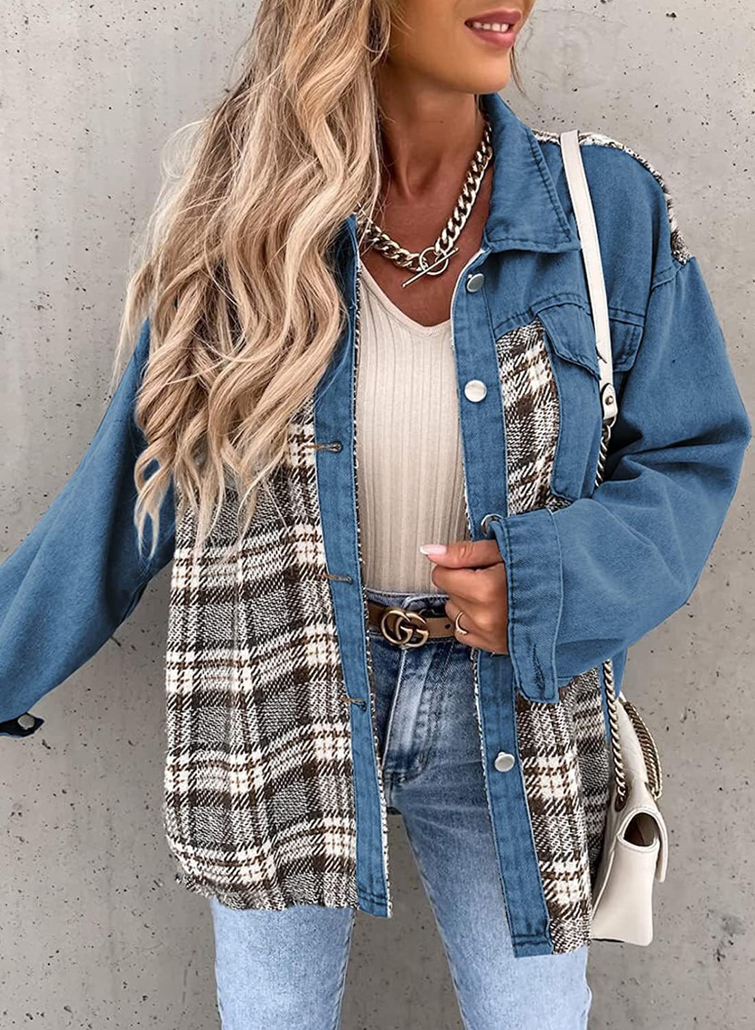 Autumn And Winter Denim Jacket Long Sleeve Plaid Buttoned Shirt Top 3