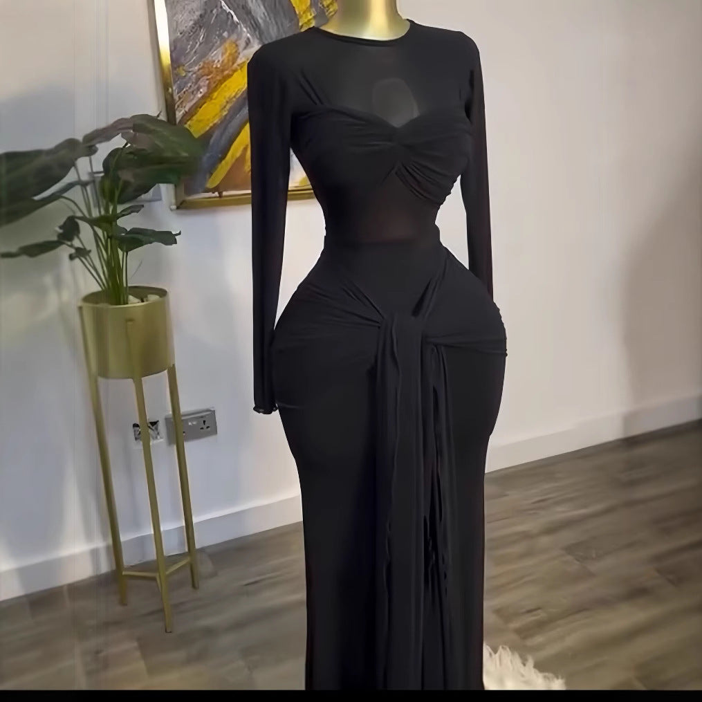 Women's Spring Solid Color Long Sleeve Round Neck Tight Fitting Long Dress 4