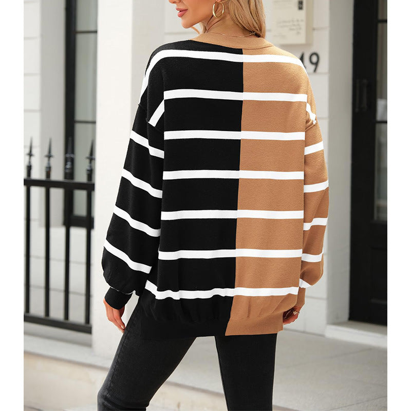 Autumn And Winter Striped Long-Sleeved Knitting Shirt Round Neck Pullover Fashion Top 5