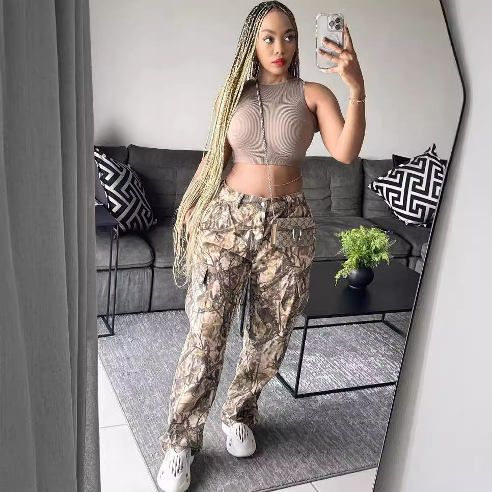 Women autumn branch print loose straight Casual Cargo Pants 5