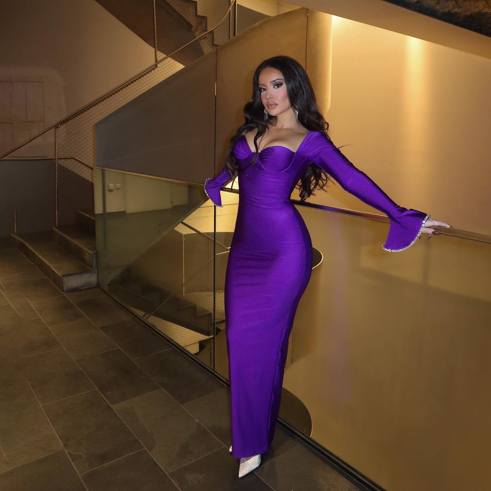 Spring Solid Color Sexy Low-Cut Bell Bottom Sleeve Long Slim High Waist Women's Dress 4