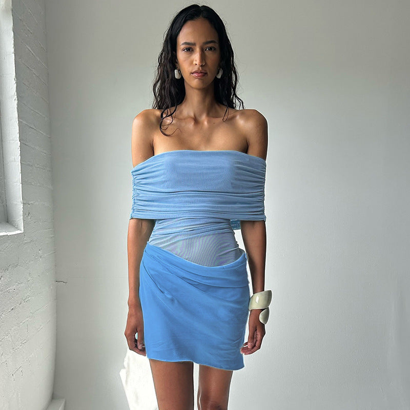 Spring/Summer Women's Sexy Off-Shoulder Mesh-Patchwork  Pleated Dress 7