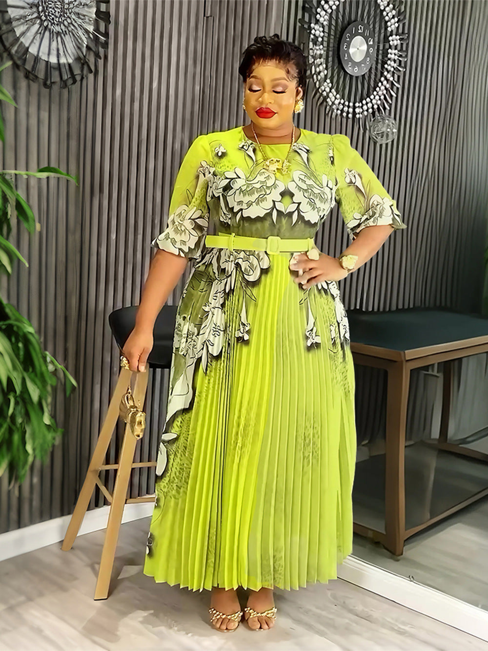 Elegant Long Dress Africa Women's Plus Size Print Pleated Chiffon Dress 8