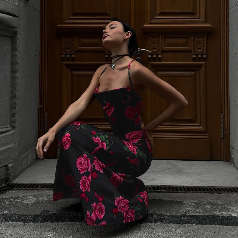 Women Spring Flower Print Sexy Backless Lace-Up Dress 5