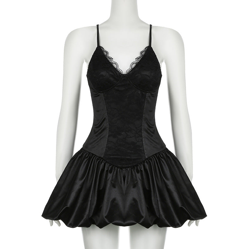 Women Sexy Solid Color V-Neck Lace Patchwork Slim Waist A-Line Strap Dress 6