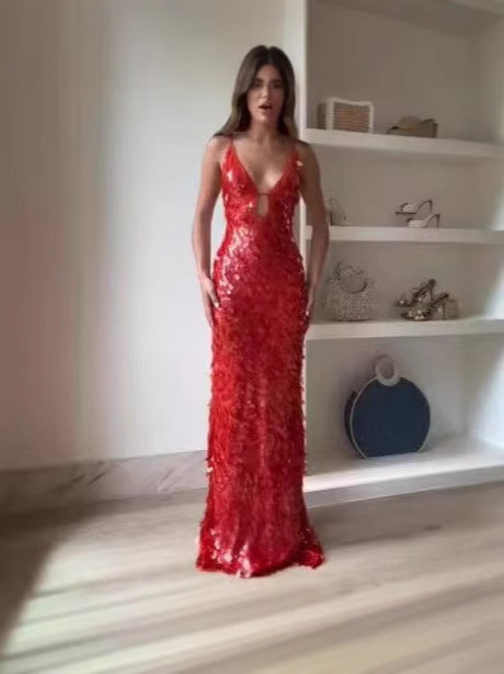 Women New Sexy Irregular Sequin Halter Neck V-Neck Maxi Dress 4