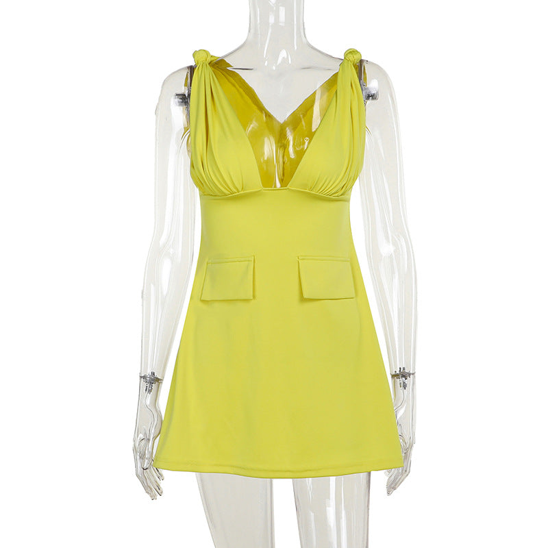 Sexy V-Neck Fake Pocket Summer Slim Waist A-Line Dress 7