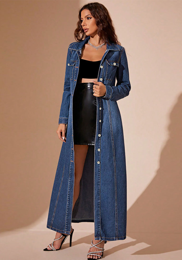 Women's Turndown Collar Button Denim Long Dress