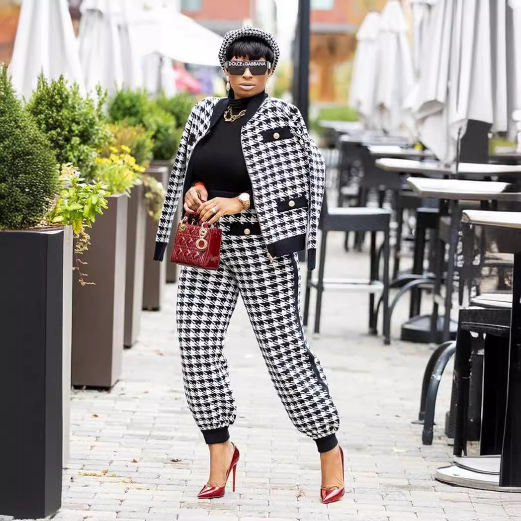Women Casual long-sleeved Top and Pant houndstooth two-piece set 5
