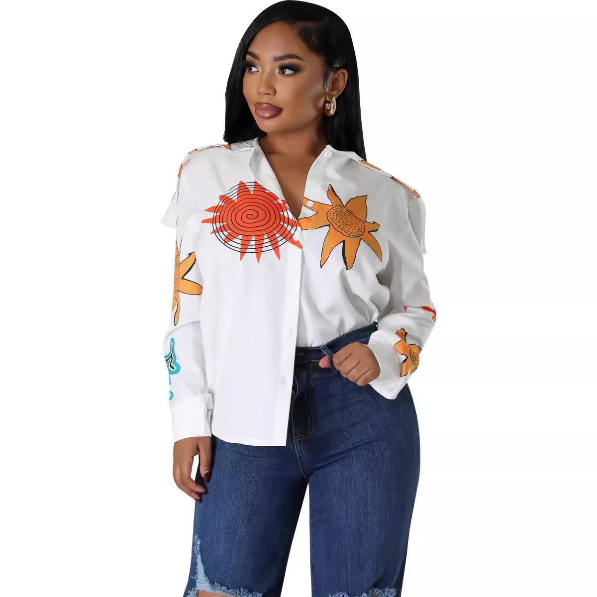 Women's Autumn Winter Print Button Long Sleeve Shirt