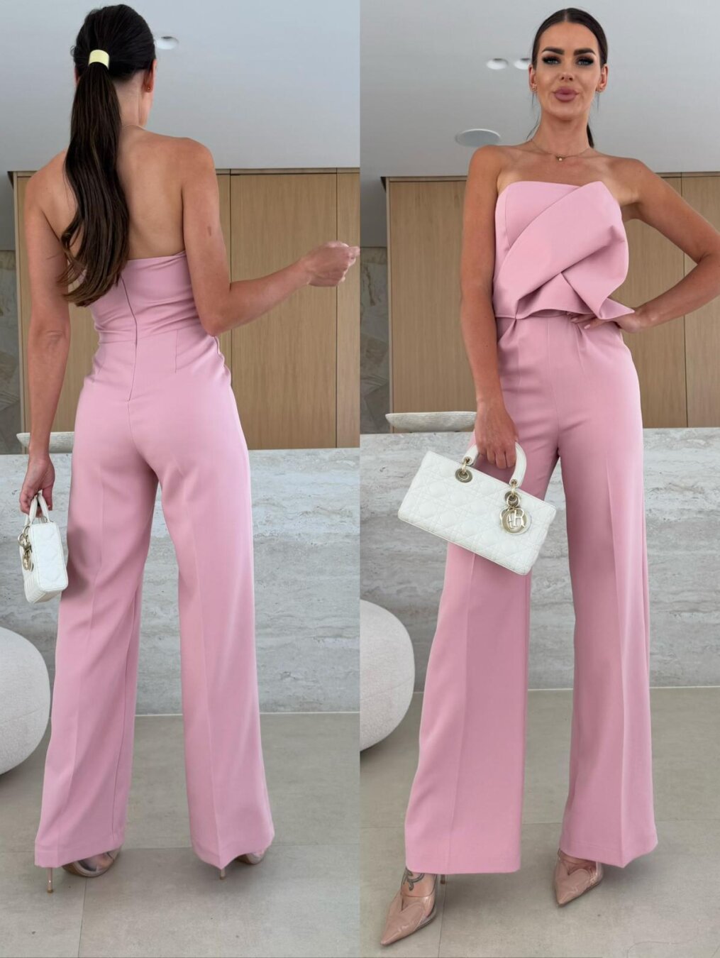 Solid Color Tight Fitting Strapless Low Back High Waist Wide Leg Jumpsuit 16