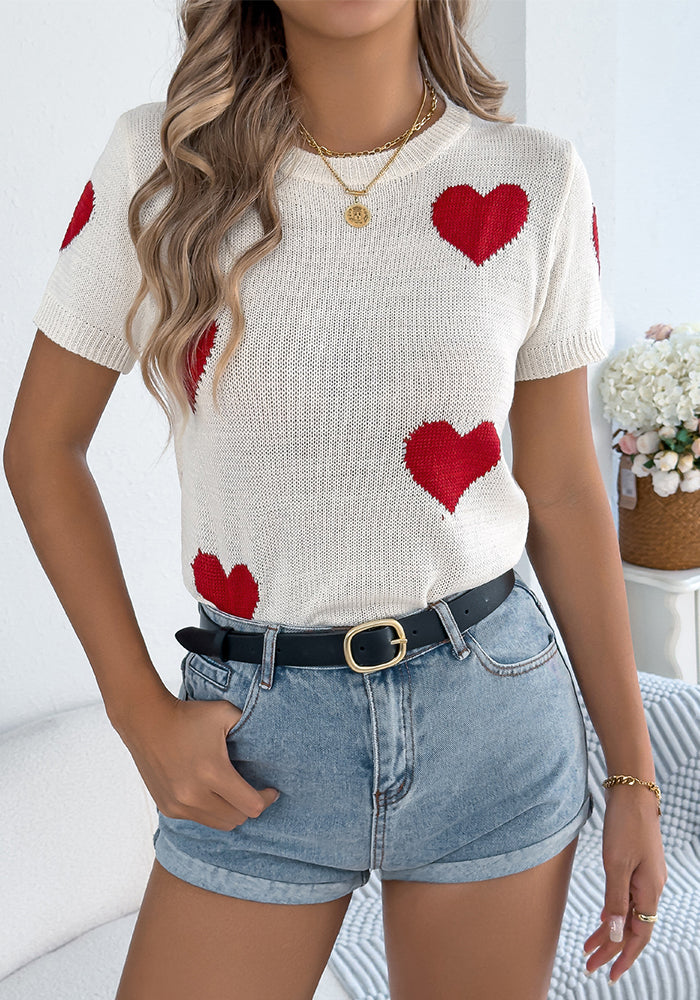 Women Spring and Summer Casual Contrast Heart Print Short Sleeve Knitting Top